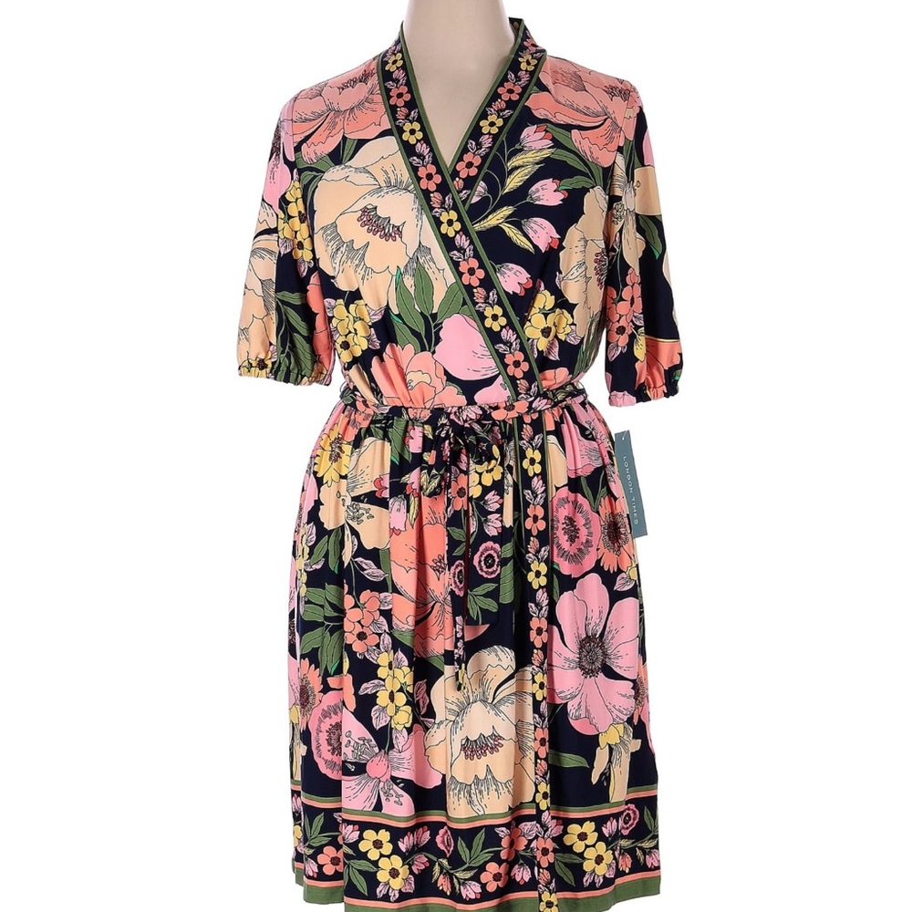 London Times Floral Wrap Dress 14 Knee Length Short Sleeve Dark Base Pink Green